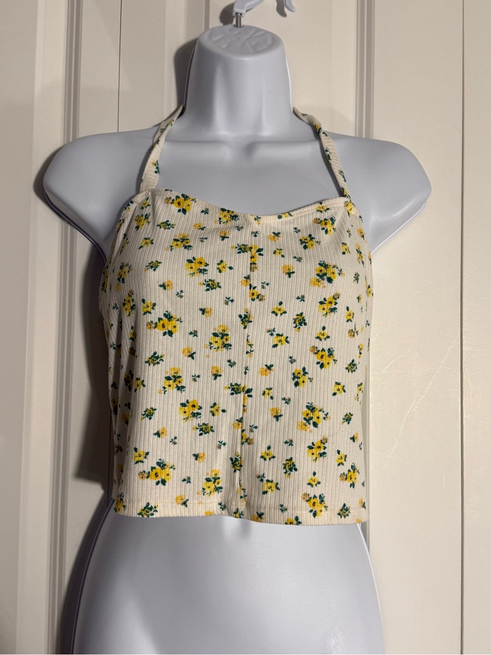 PacSun Cream Ribbed Floral Halter Crop Top with Yellow Flowers